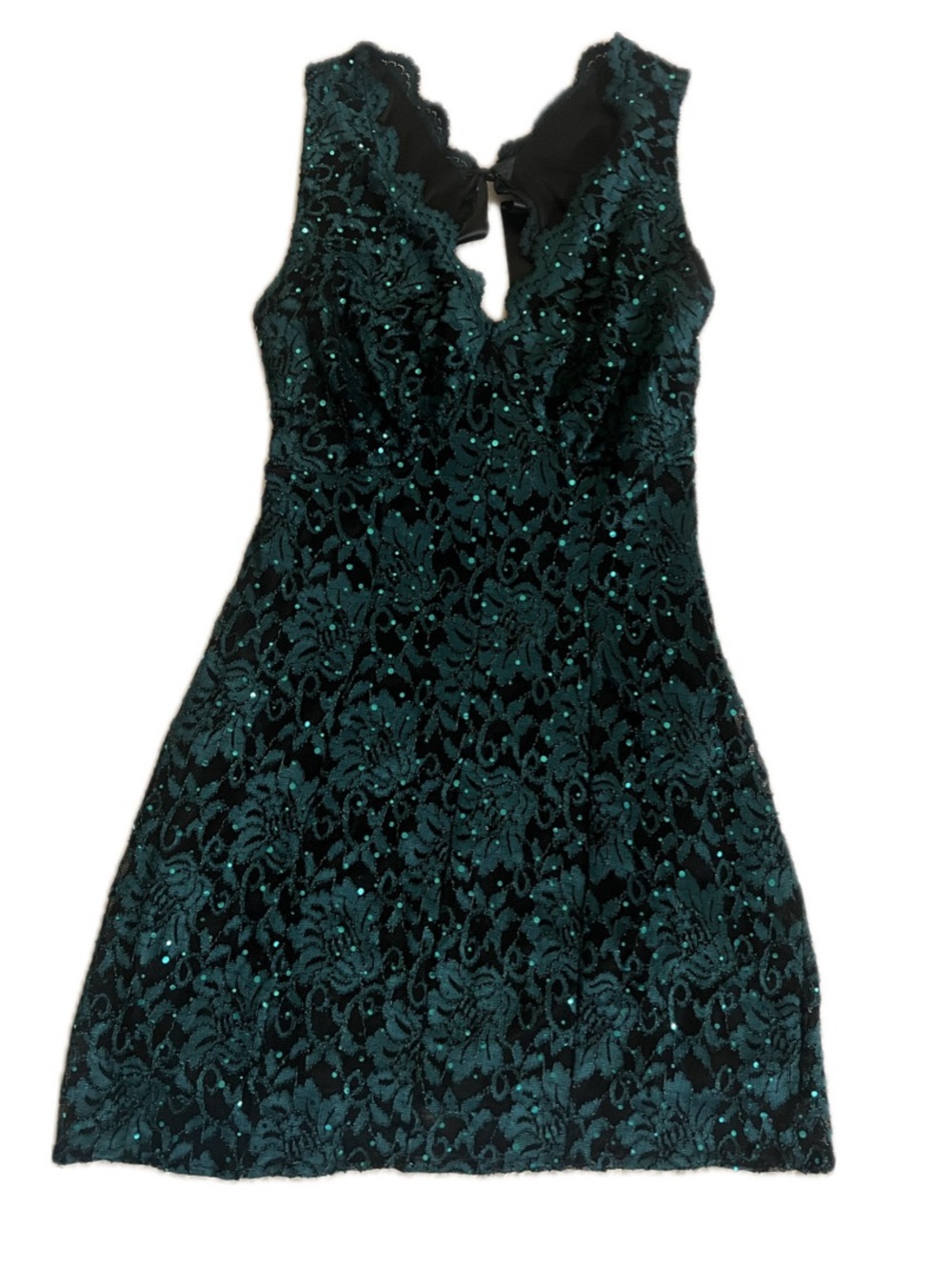 Sleeveless Teal Lace Mini Dress with V-Neck